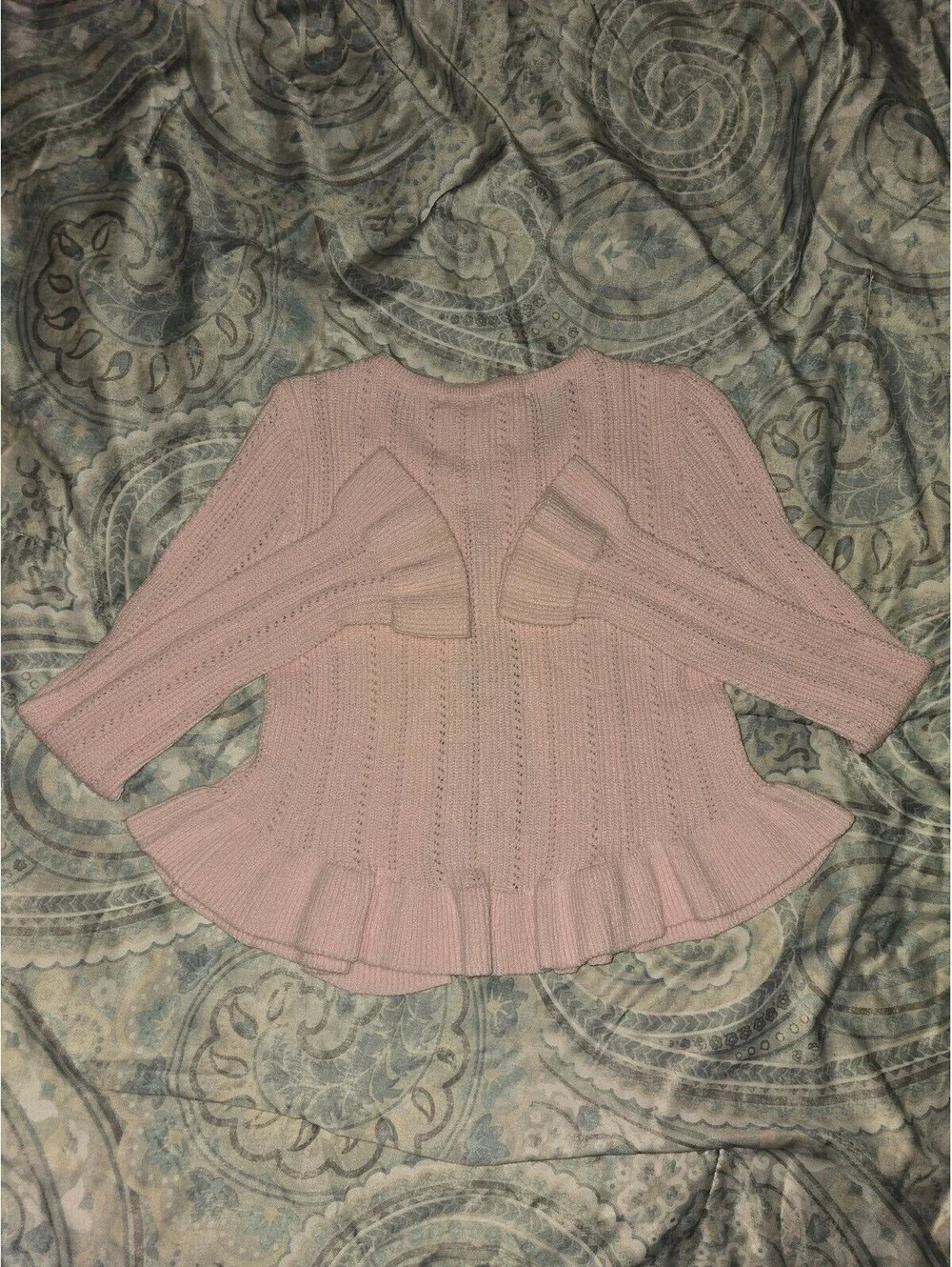 NWT Altar'd State Pink Pointelle Ruffle Bell Sleeve Cardigan Flower Buttons XS